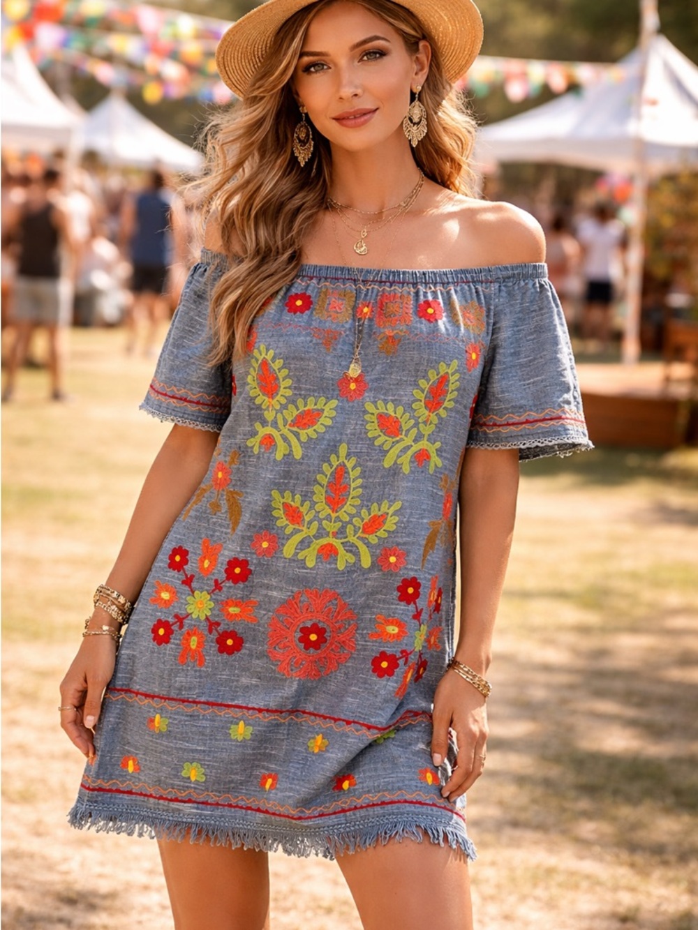 Rocks & Indigo Embroidered Cotton Chambray Tunic Dress Off Shoulder Boho Chic L